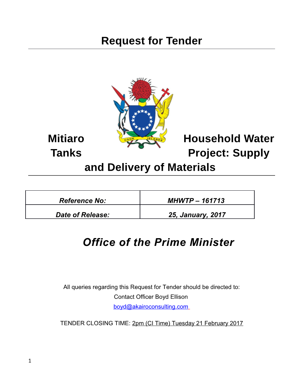 Mitiaro Household Water Tanks Project: Supply and Delivery of Materials