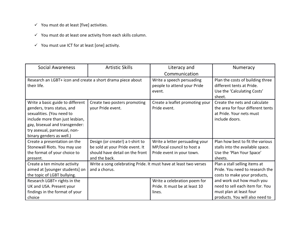 You Must Do at Least One Activity from Each Skills Column