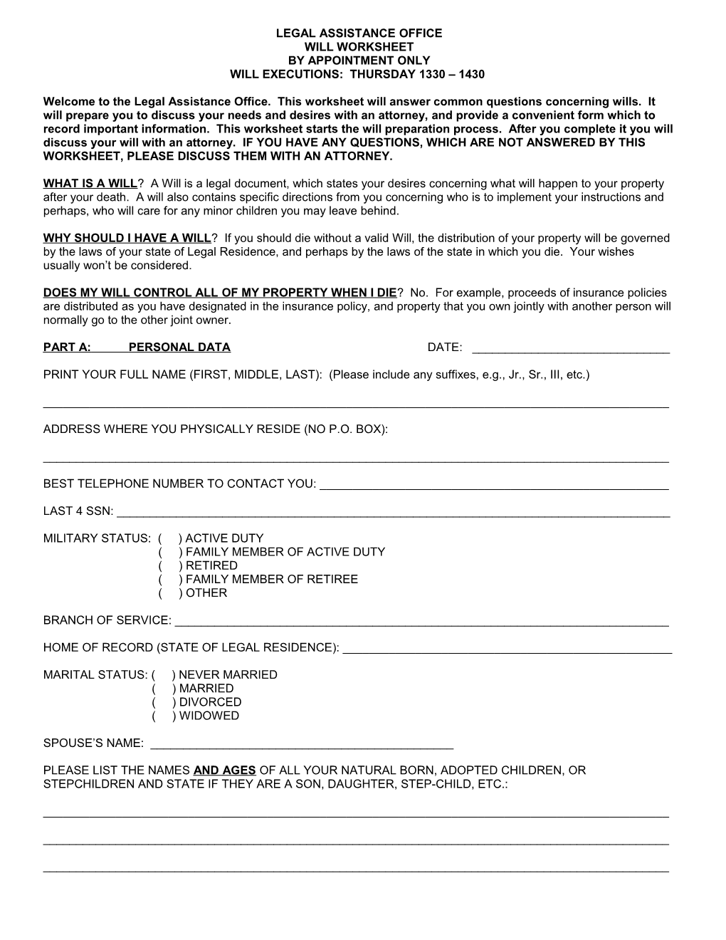 Legal Assistance Office-Will Worksheet