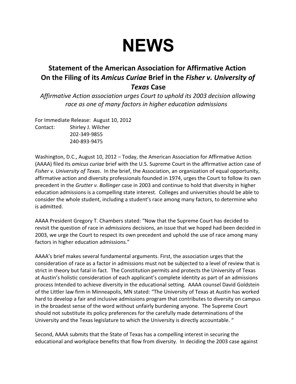 Statement of the American Association for Affirmative Action