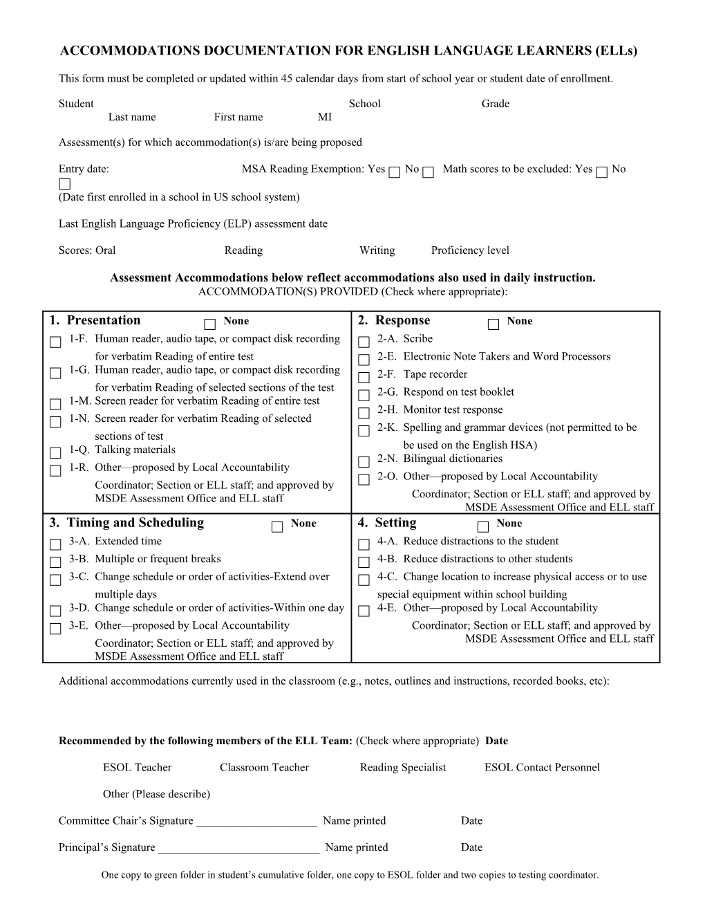 Accommodations Documentation for English Language Learner (Ell) Students