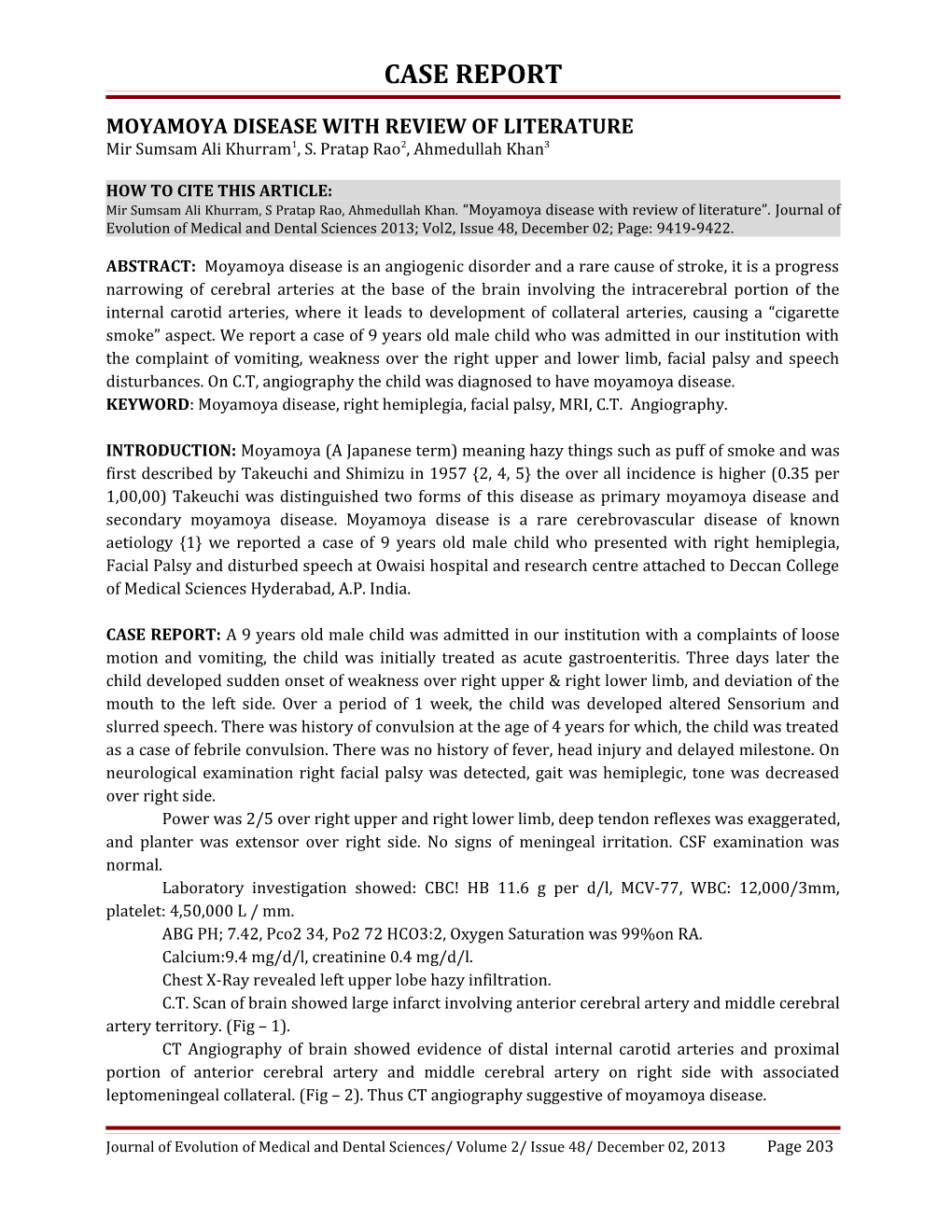 Moya Moya Disease in Children: a Case Report with Review of Literature