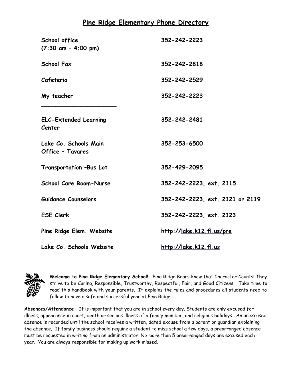 Pine Ridge Elementary Phone Directory