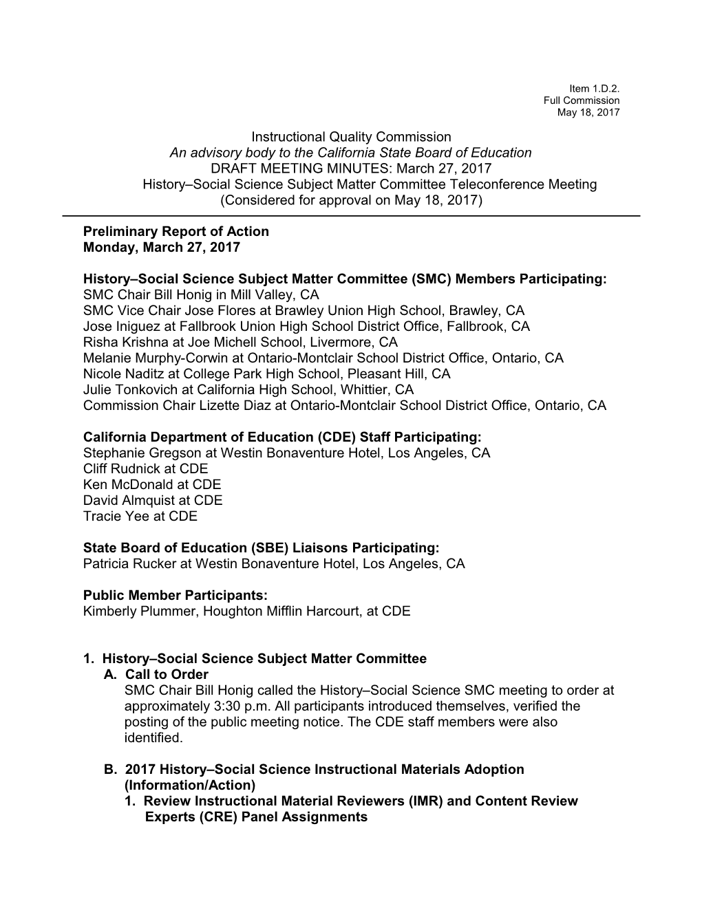 March 2017 HSS SMC Meeting Minutes - Instructional Quality Commission (CA Dept of Education)