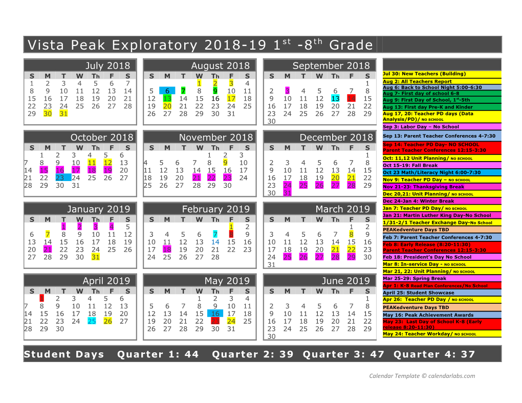 2018-2019 School Calendar - Calendarlabs.Com