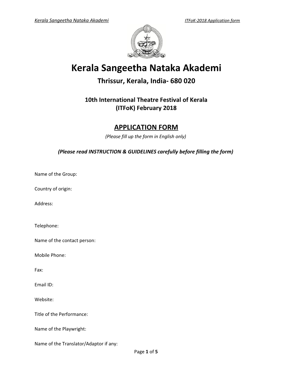 Kerala Sangeetha Nataka Akademiitfok-2018 Application Form
