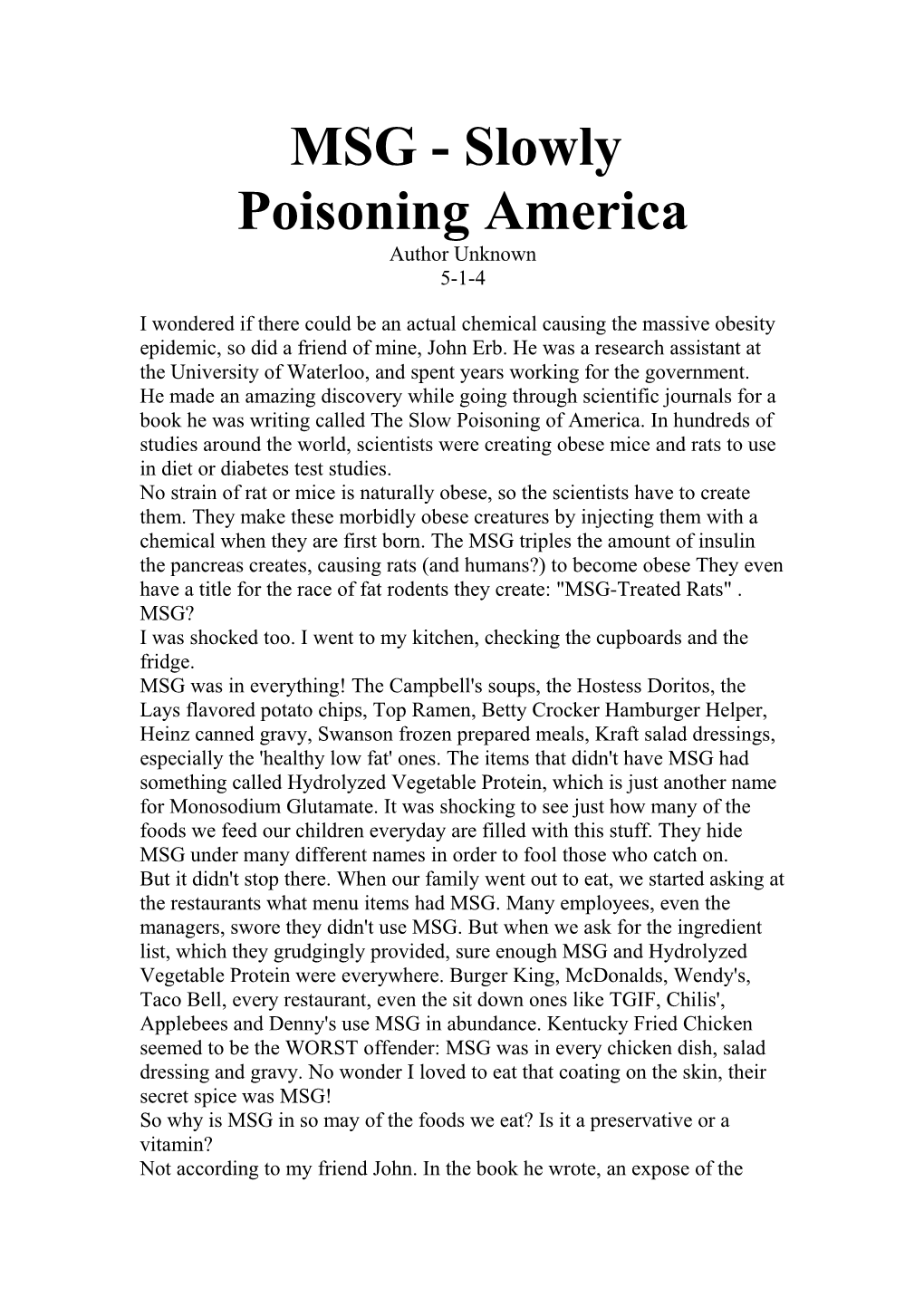 MSG - Slowly Poisoning America Author Unknown 5-1-4