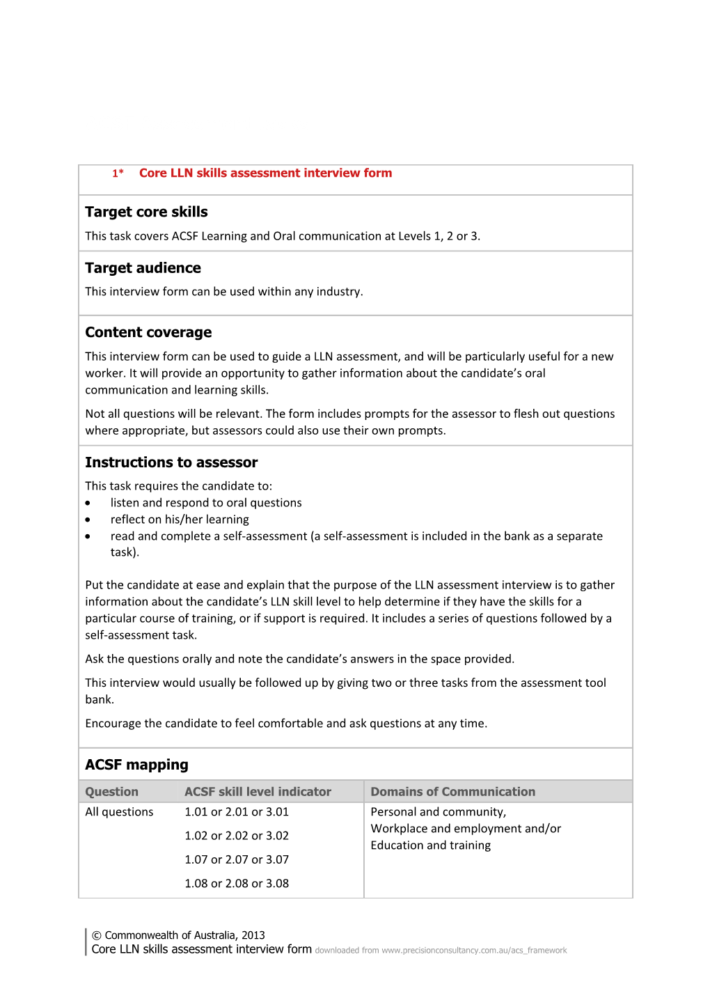 Core LLN Skills Assessment Interview Form
