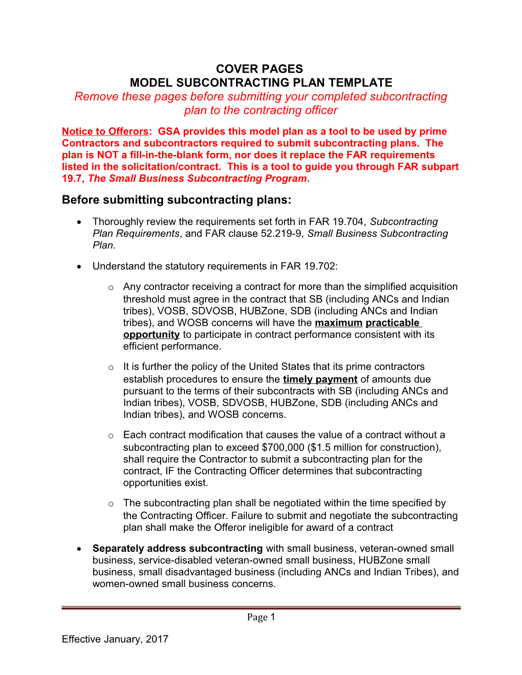 Model Subcontracting Plan Template