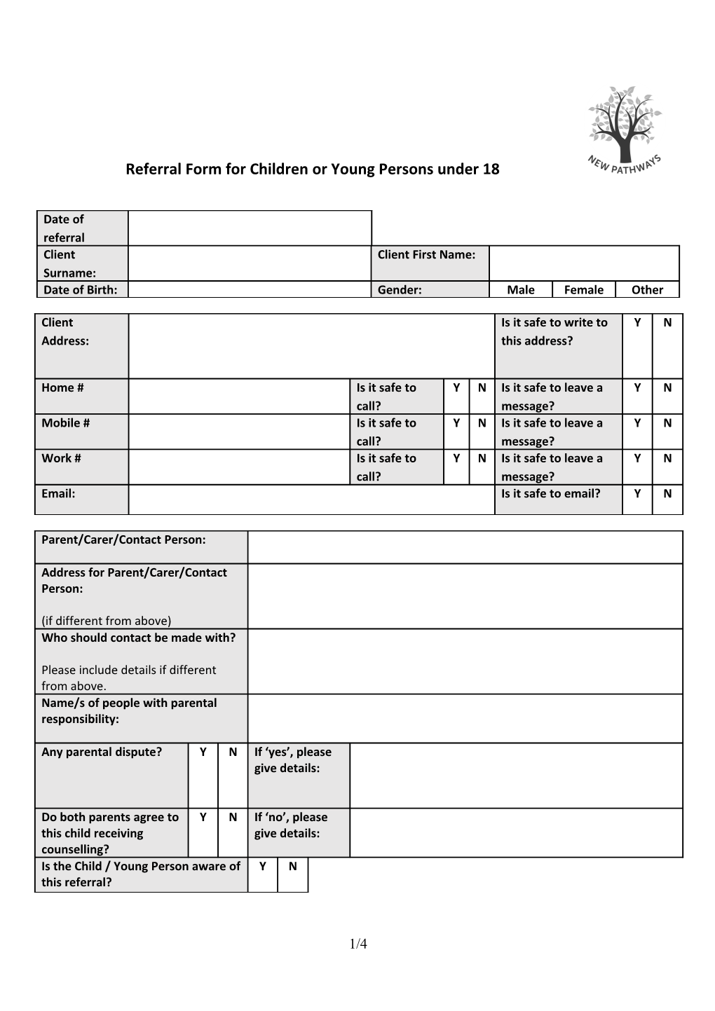 Referral Form for Child Or Young Persons Under 18