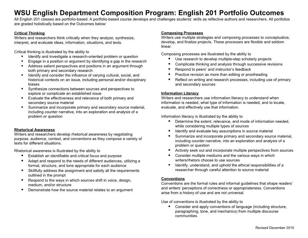 WSU English Department Composition Program: English 201 Portfolio Outcomes