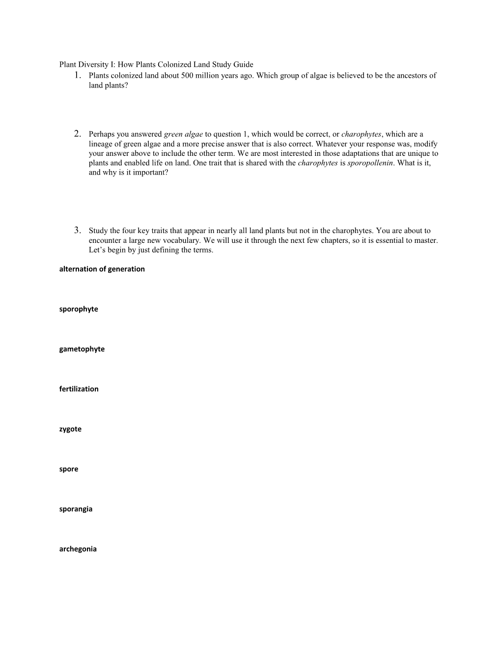 Plant Diversity I: How Plants Colonized Land Study Guide