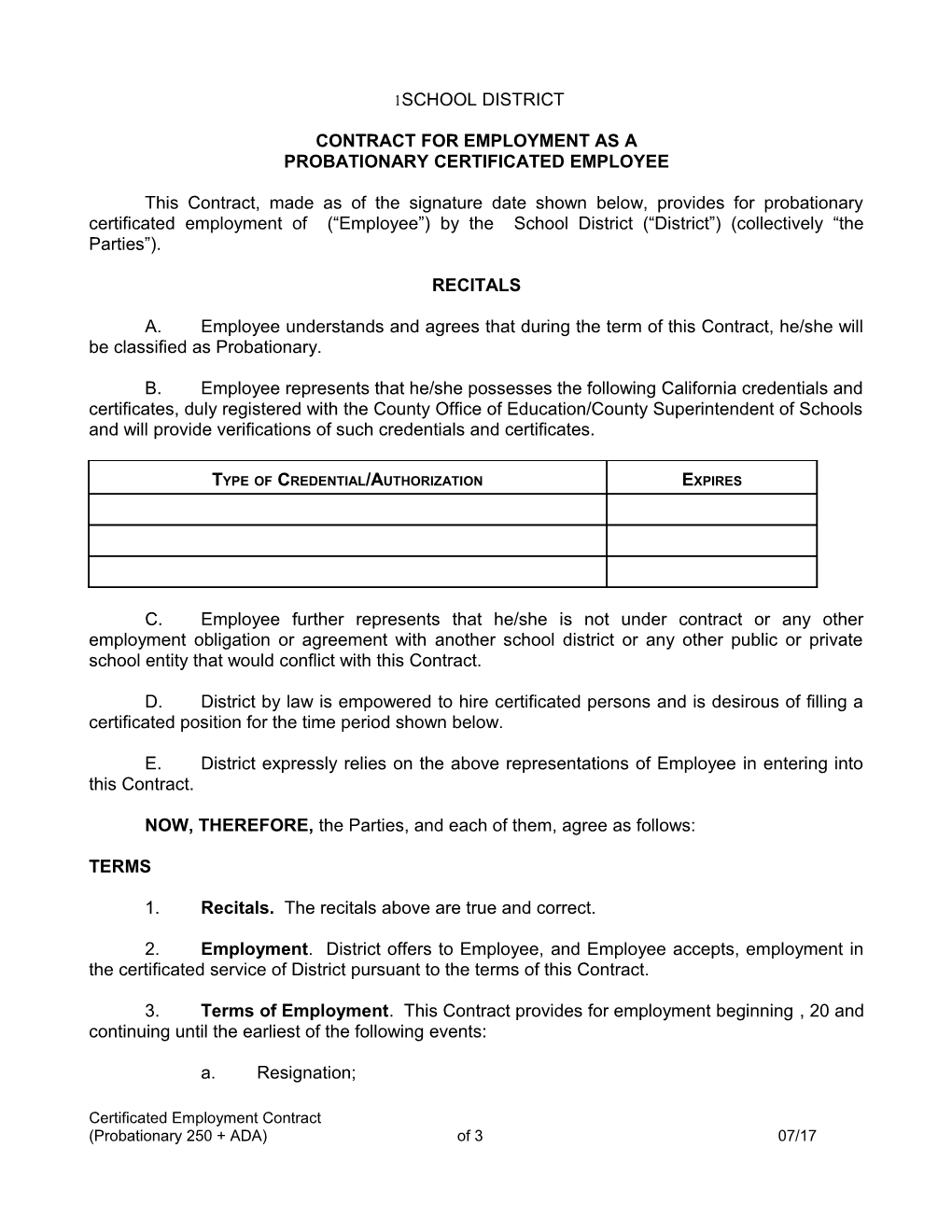 Contract for Employment As A