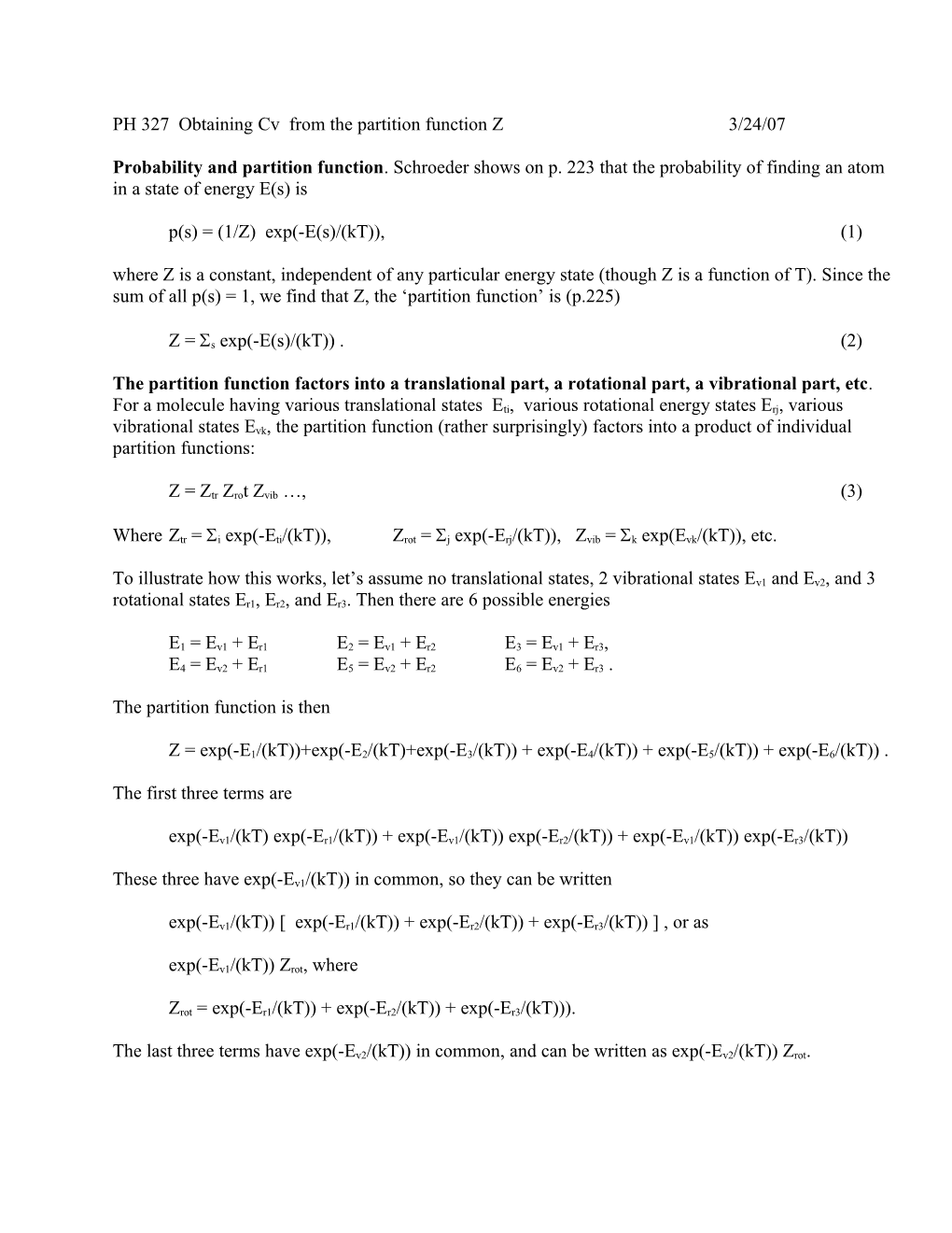 PH 327 Obtaining Cv from the Partition Function Z