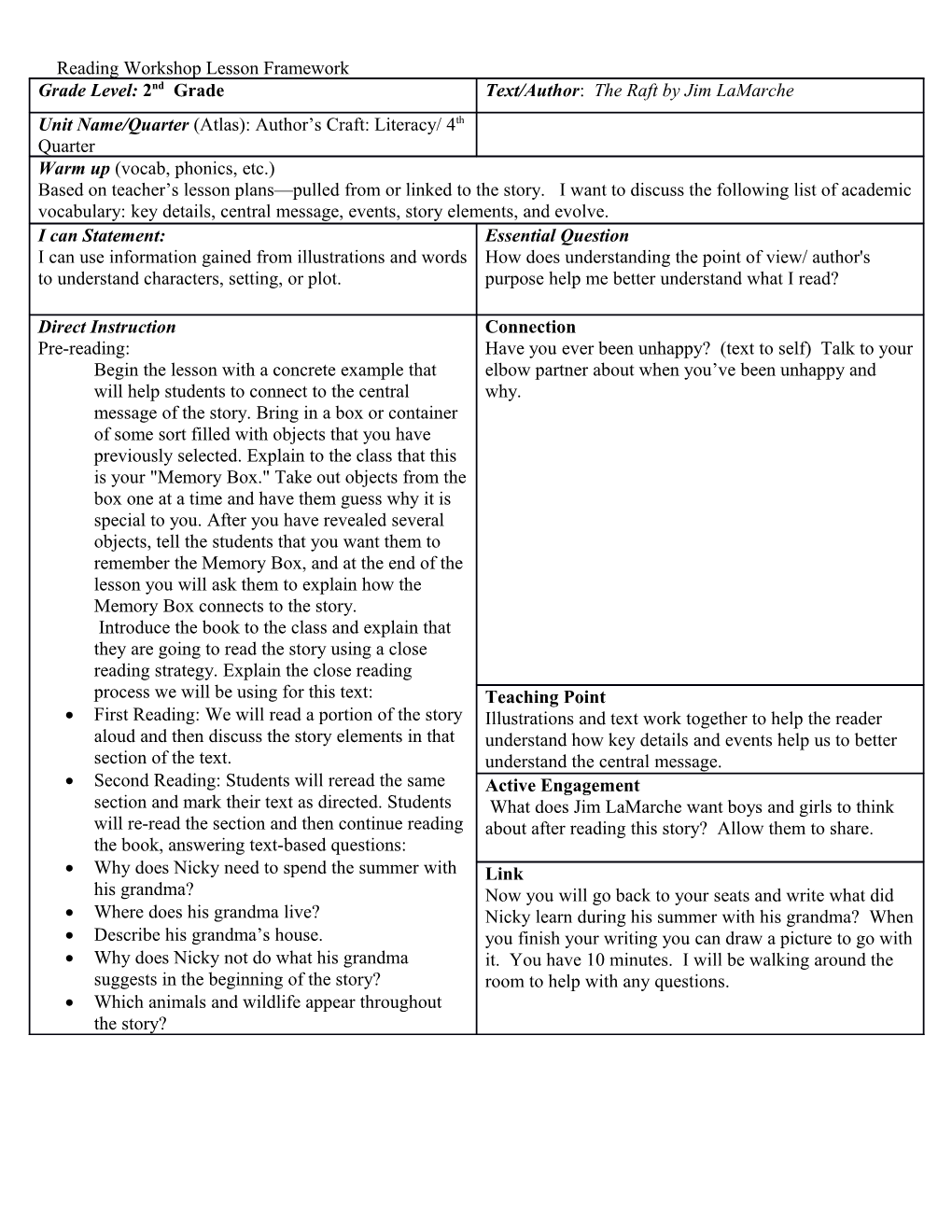 Reading Workshop Lesson Framework