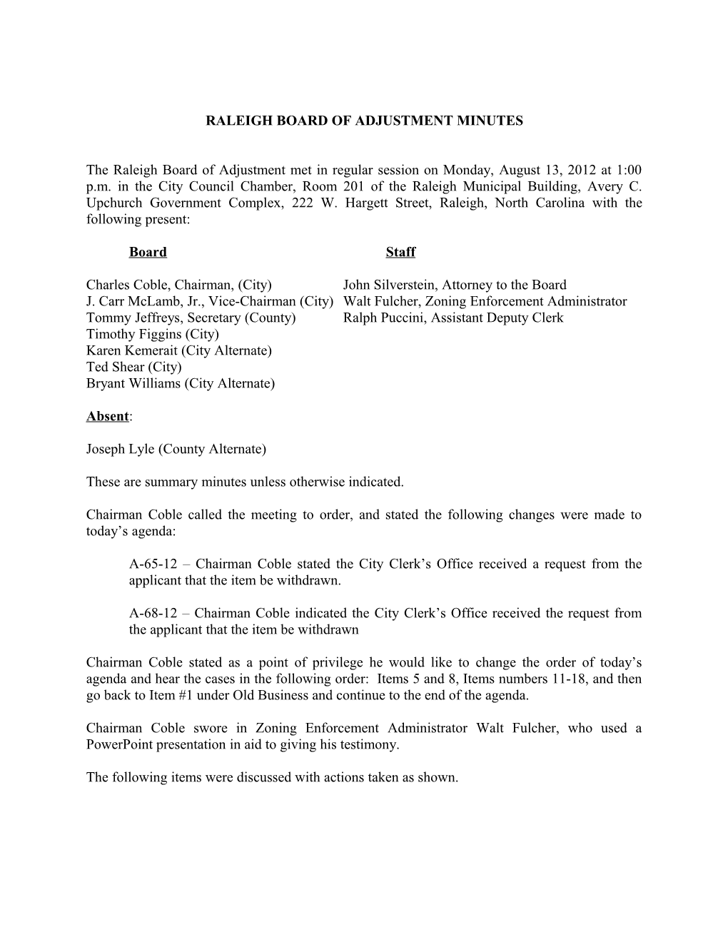 Raleigh Board of Adjustment Minutes - 08/13/2012