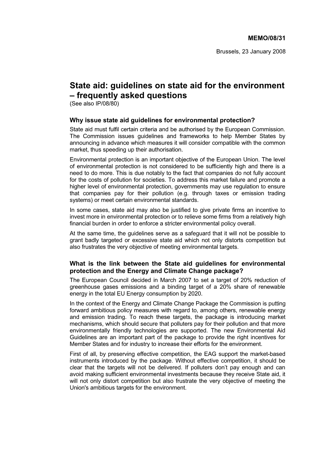 State Aid: Guidelines on State Aid for the Environment Frequently Asked Questions