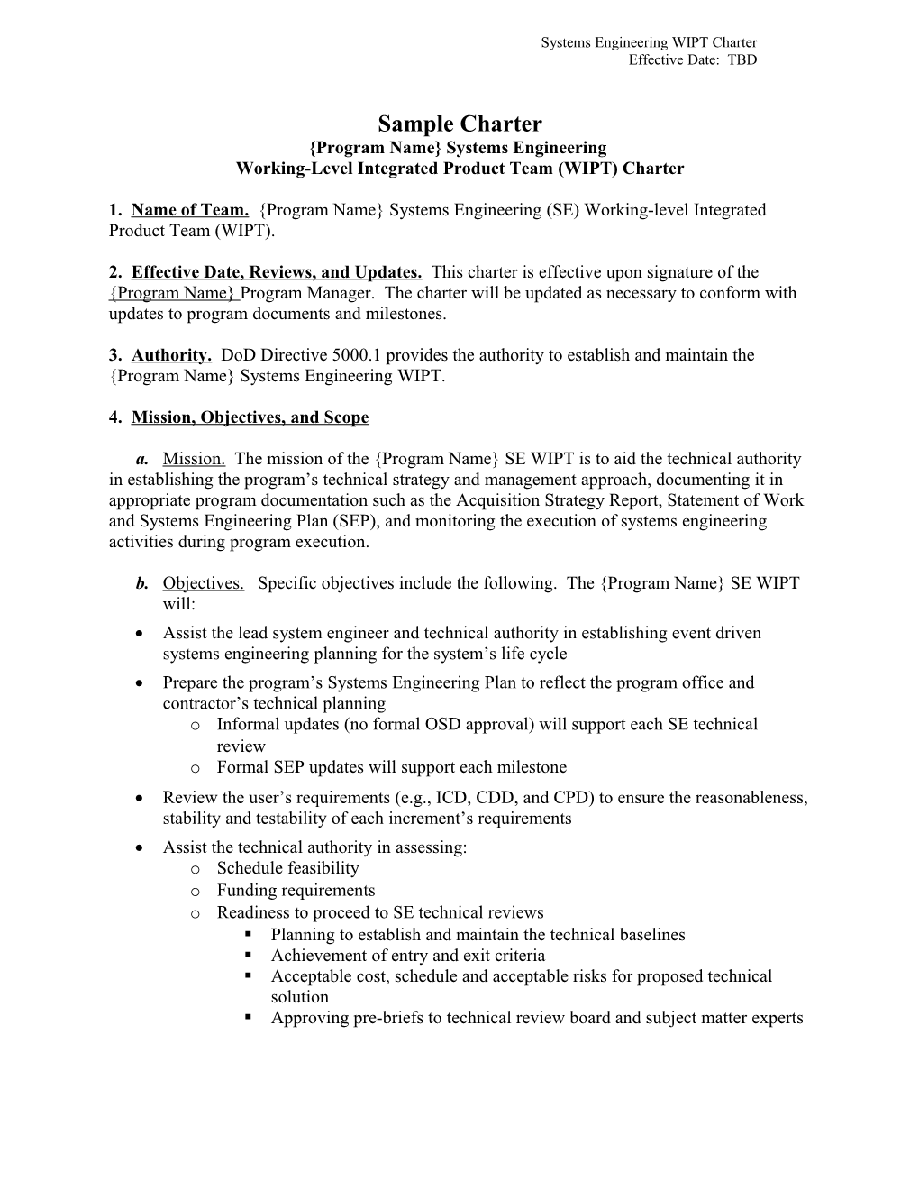 Systems Engineering Working-Level Integrated Product Team Sample Charter