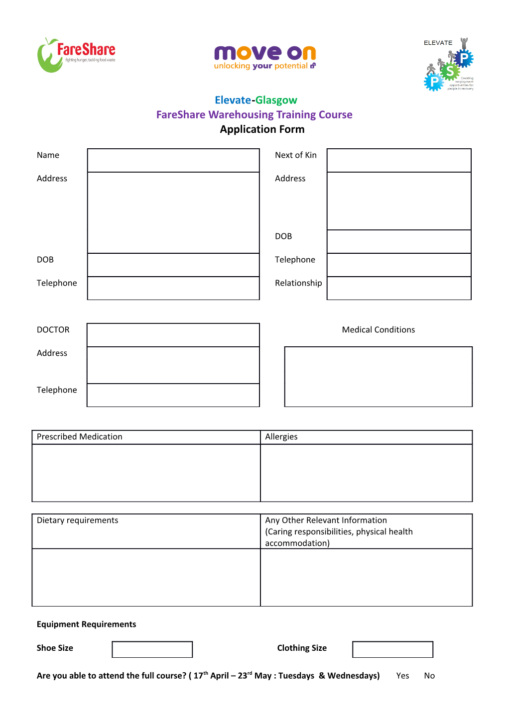 Fareshare Warehousing Training Courseapplication Form