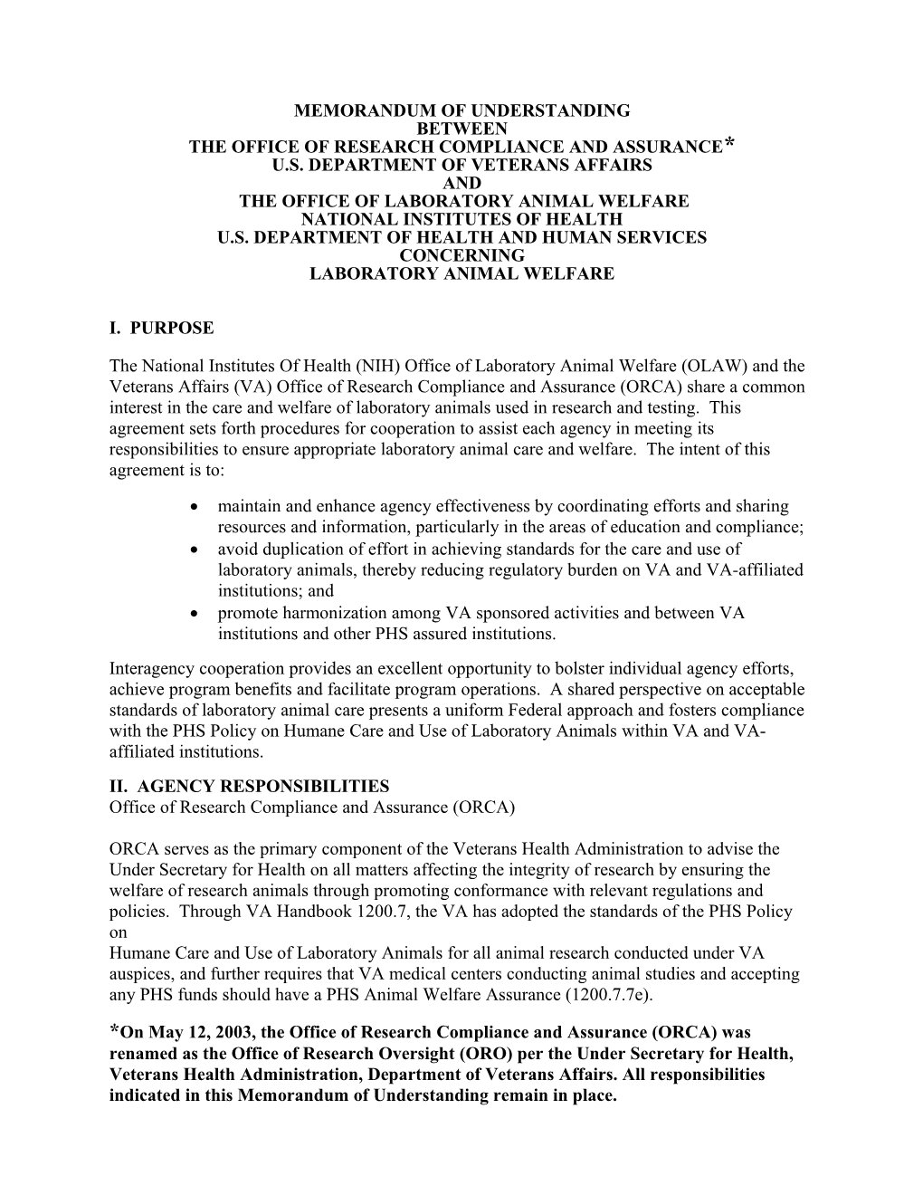 Memorandum of Understanding Between the Office of Research Compliance and Assurance* U.S