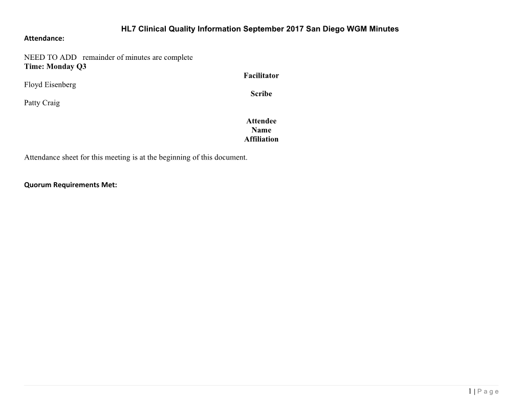 HL7 Clinical Quality Information September 2017 San Diego WGM Minutes