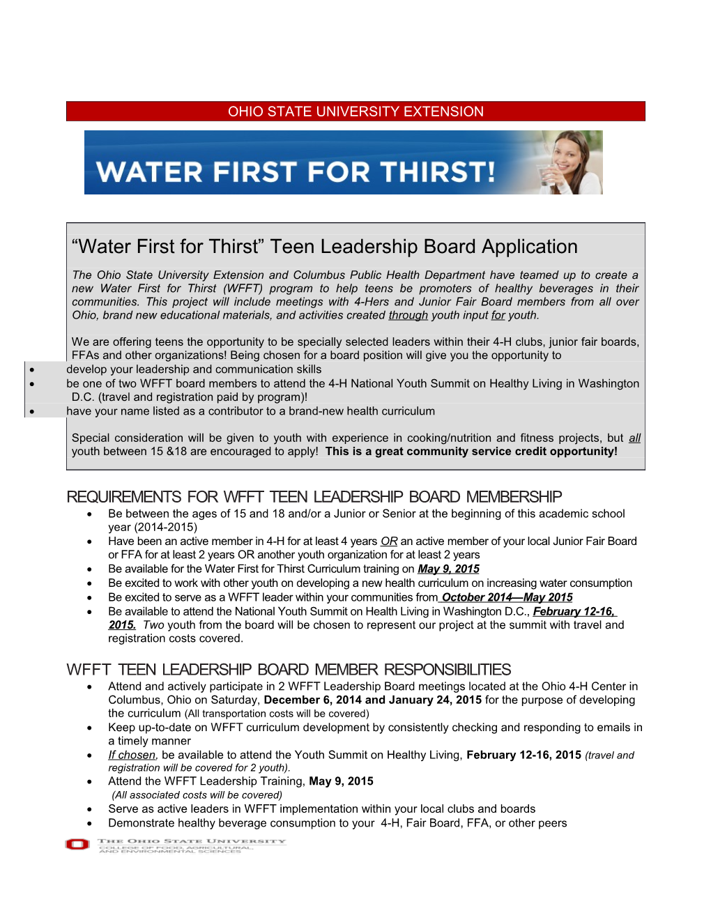 Water First for Thirst Teen Leadership Board Application