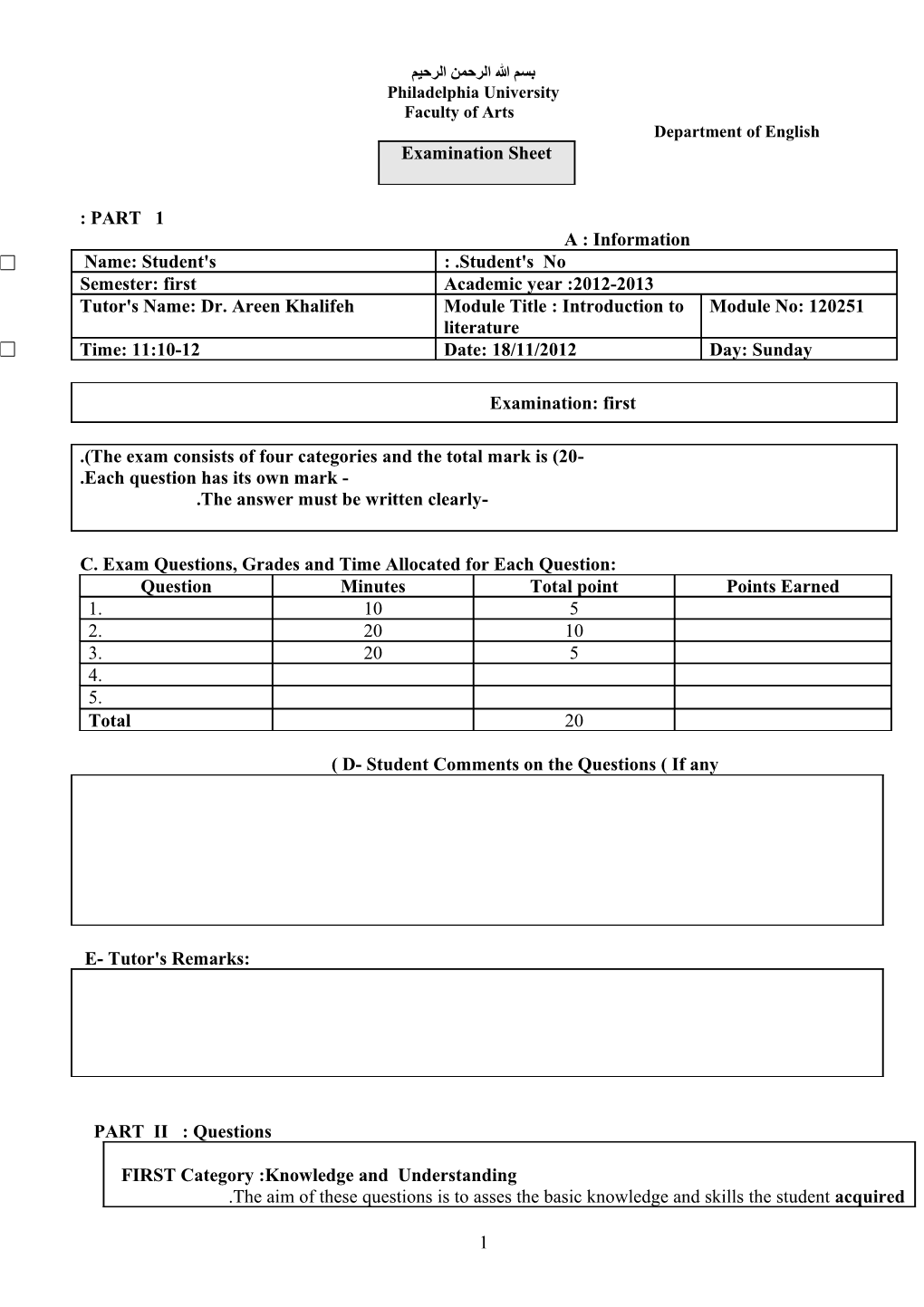 C. Exam Questions, Grades and Time Allocated for Each Question