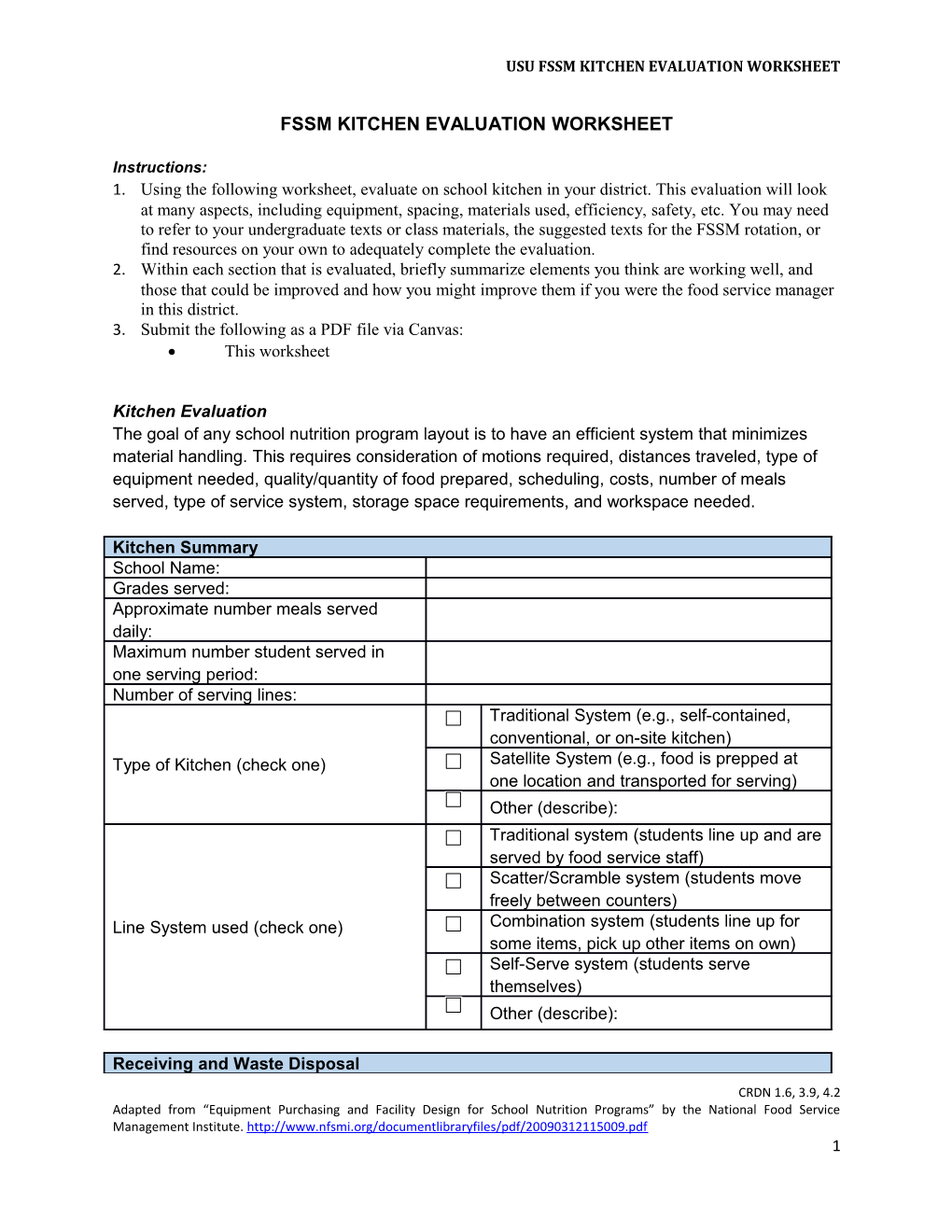 Fssm Kitchen Evaluation Worksheet