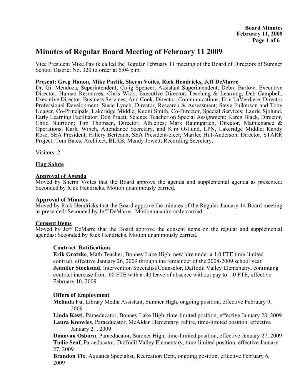 Minutes of Regular Board Meeting of February 11 2009