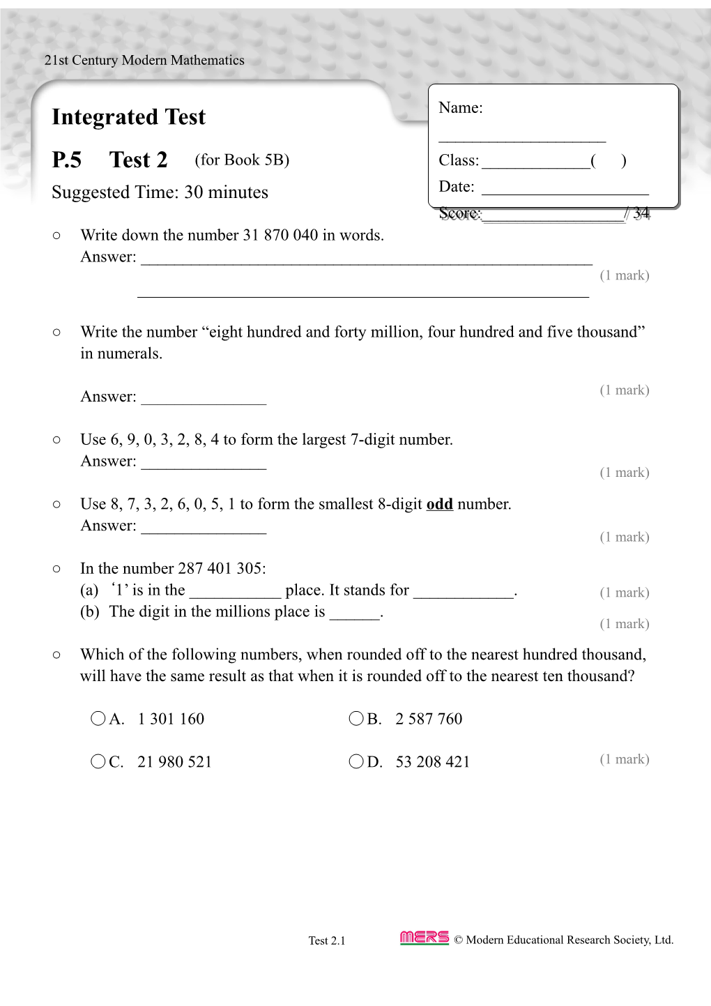 Integrated Test in TSA Format P.5 Test 2