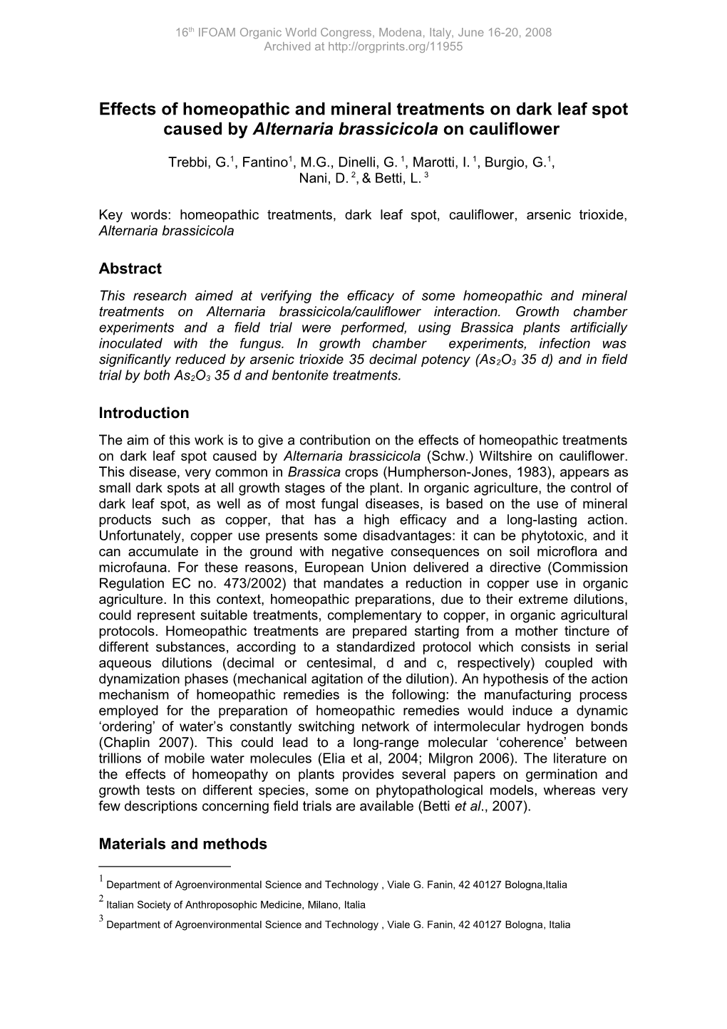 Effects of Homeopathic and Mineraltreatments on Dark Leaf Spot Caused by Alternaria