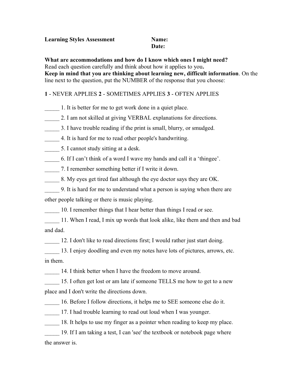 Learning Styles Assessment