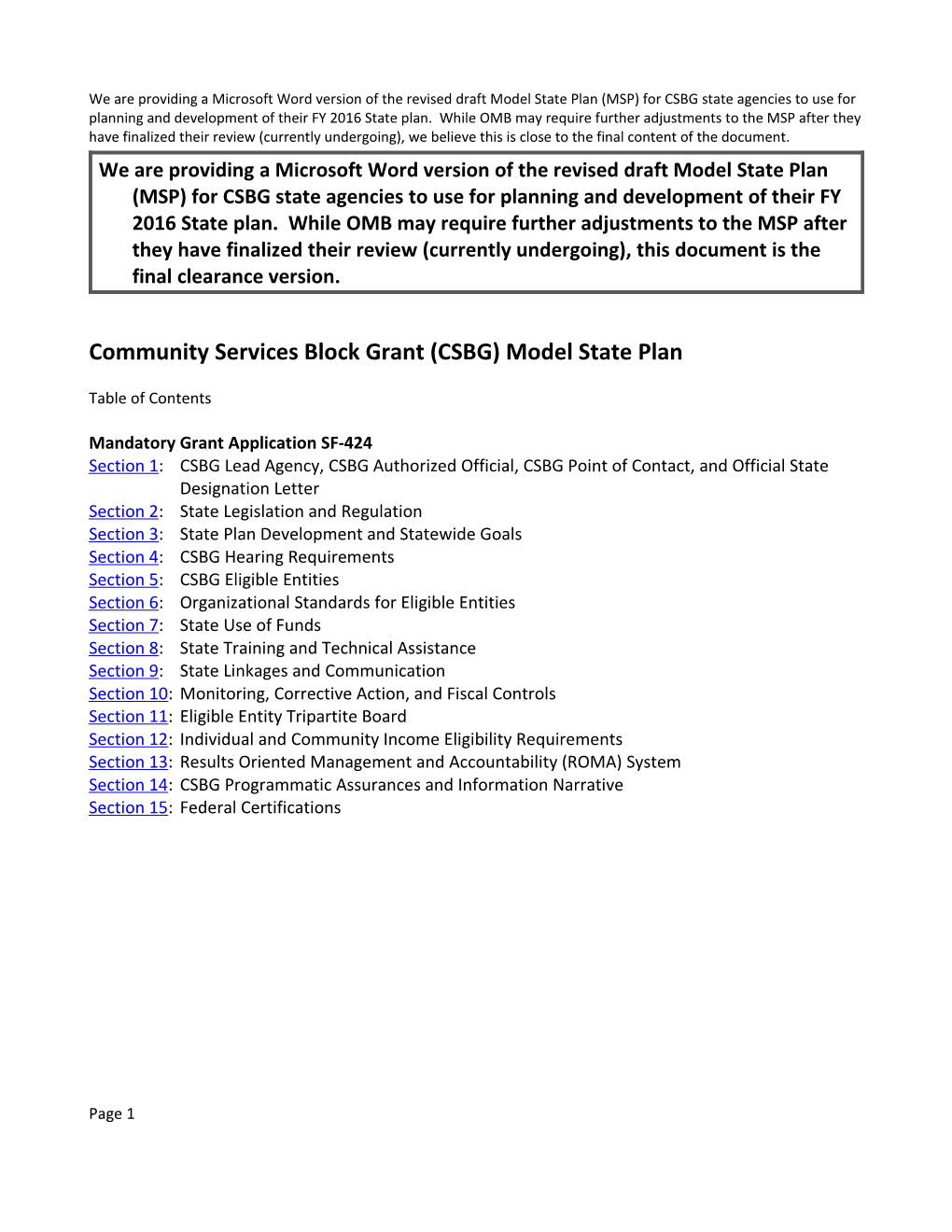 Community Services Block Grant (CSBG) Model State Plan