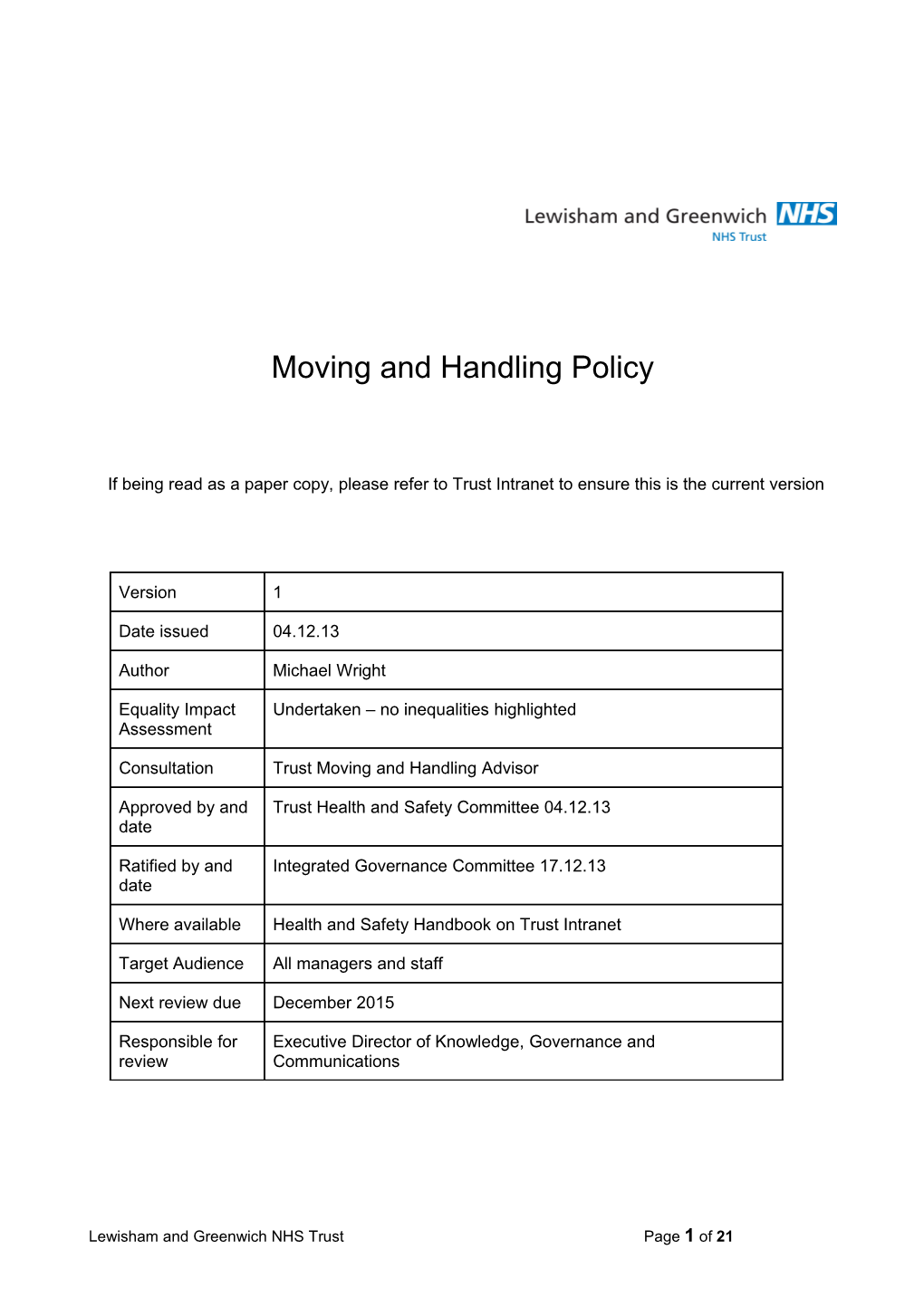 Moving and Handling Policy Version 1 December 2013