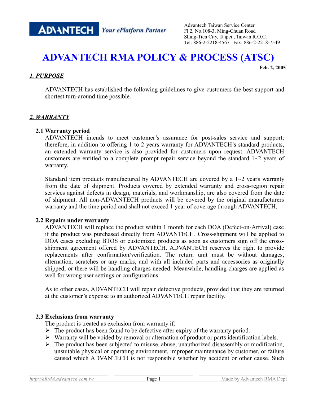 Advantech RMA Policy and Process