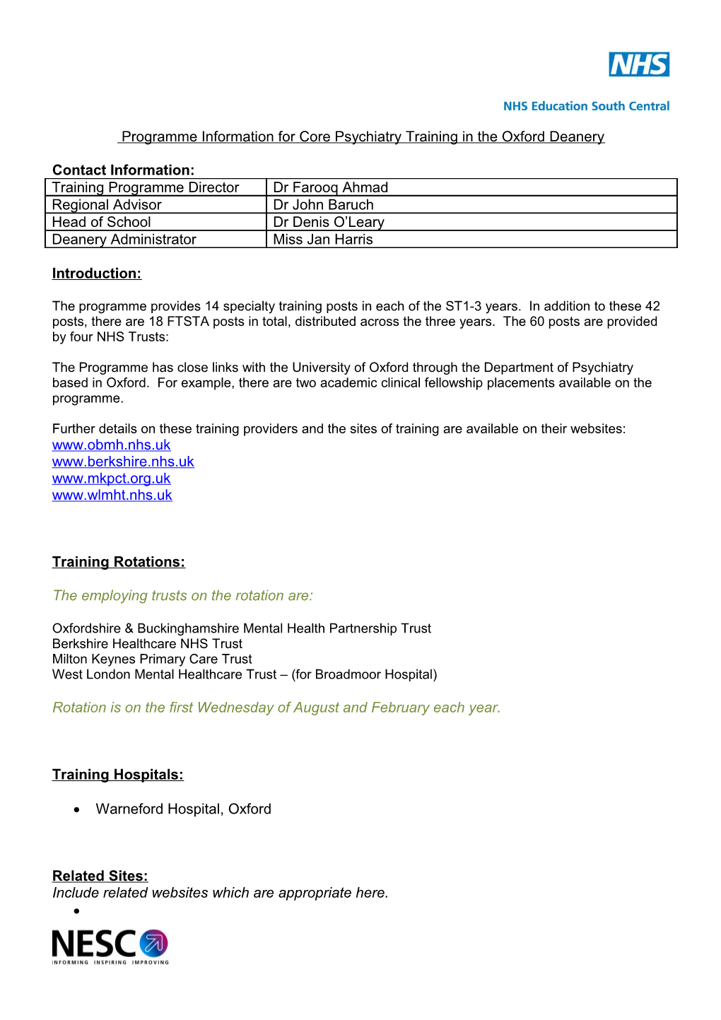 Programme Information for Core Psychiatry Training in the Oxford Deanery