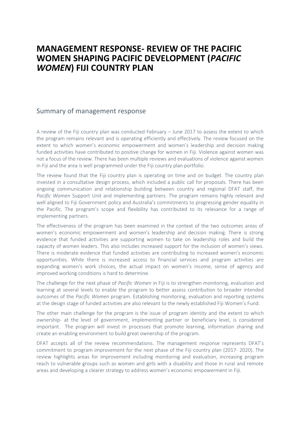 Management Response - Review of the Pacific Women Shaping Pacific Development (Pacific