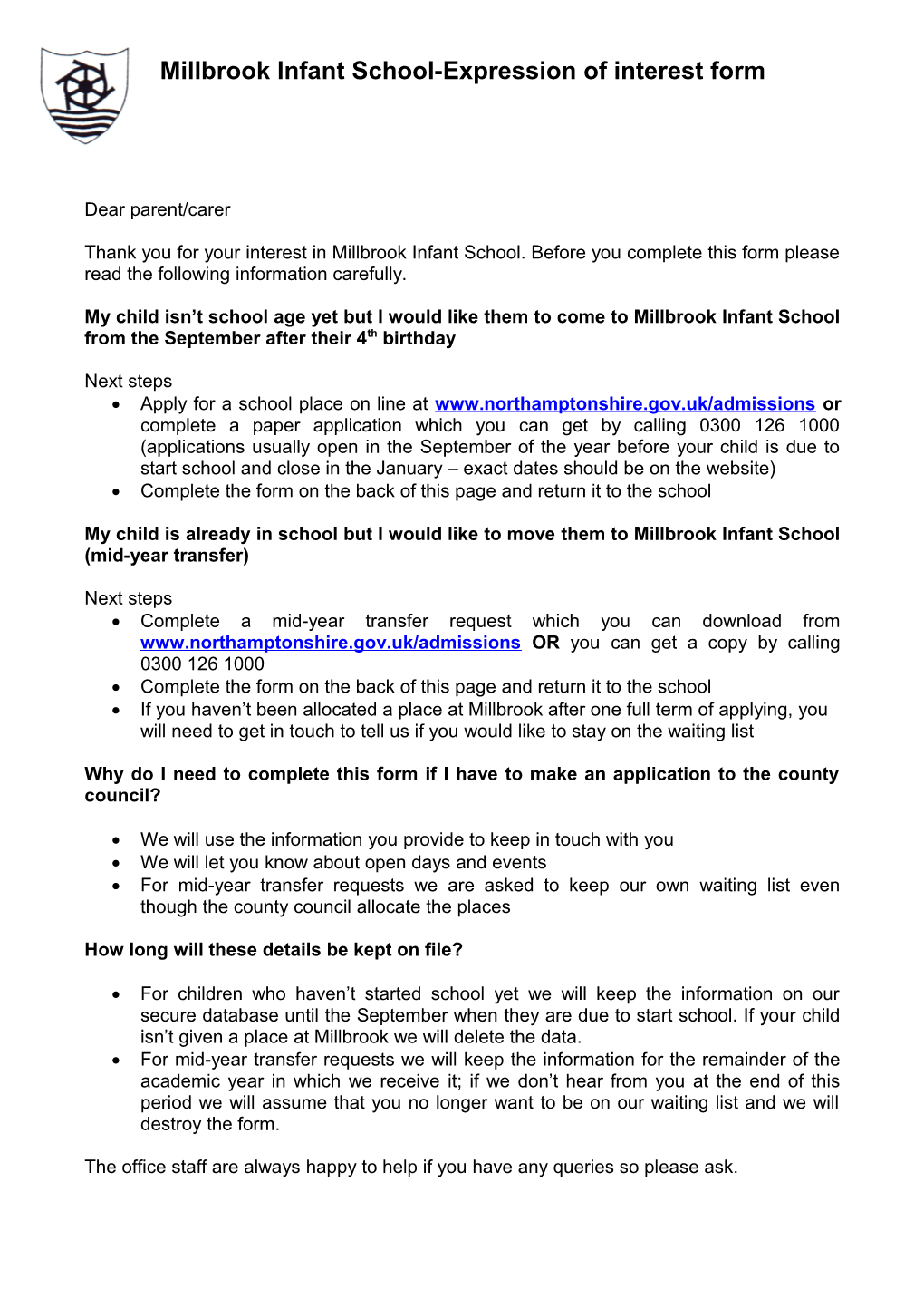 Millbrook Infant School-Expression of Interest Form