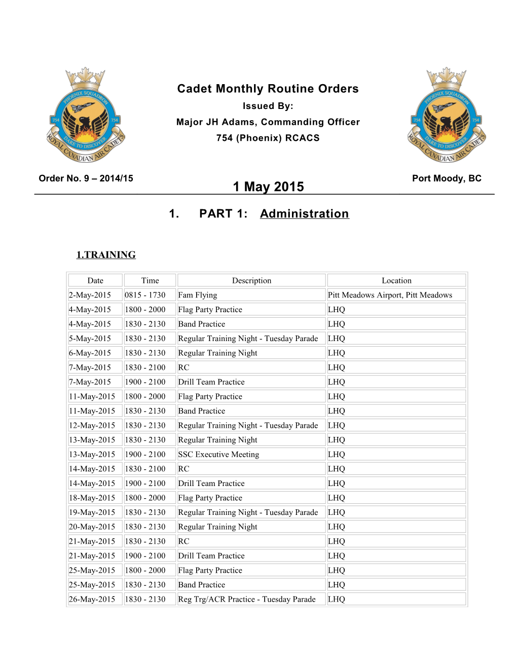 Cadet Monthly Routine Ordersissued By:Majorjhadams, Commanding Officer754 (Phoenix) RCACS