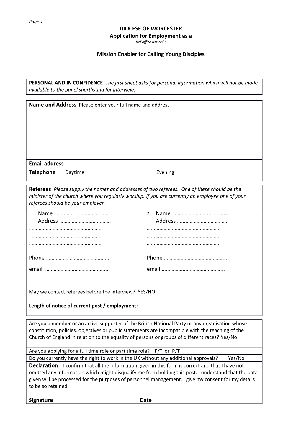 Application for Employment As A