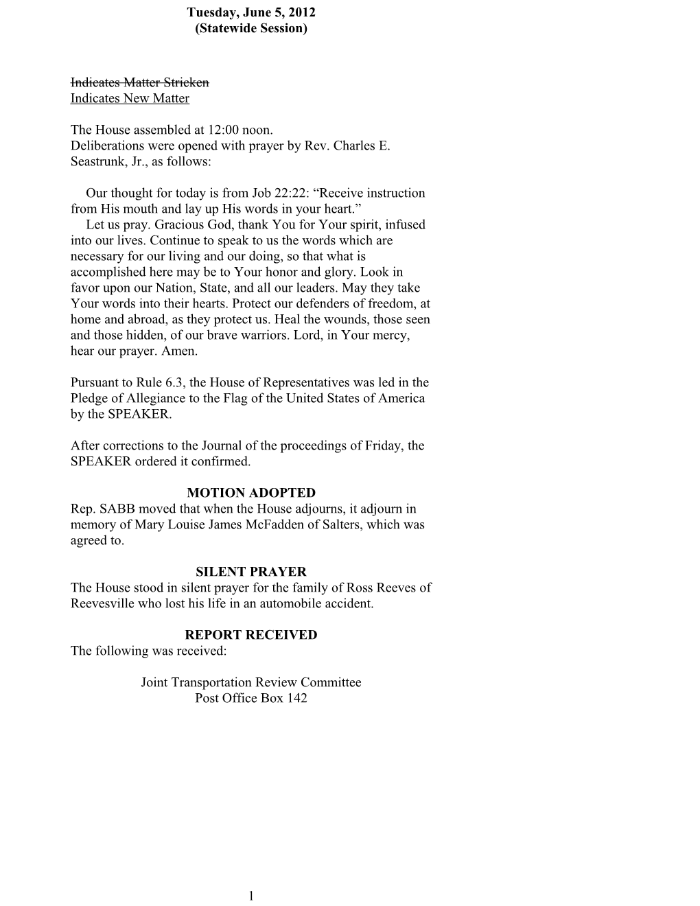 House Journal for June 5, 2012 - South Carolina Legislature Online