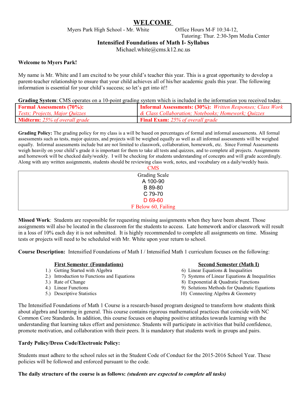 Intensified Foundations of Math I- Syllabus