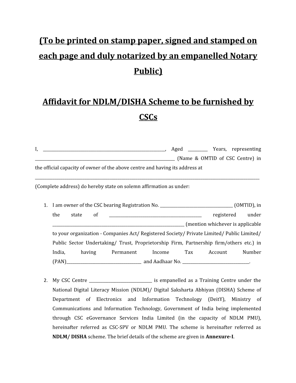 Affidavit for NDLM/DISHA Scheme to Be Furnished by Cscs