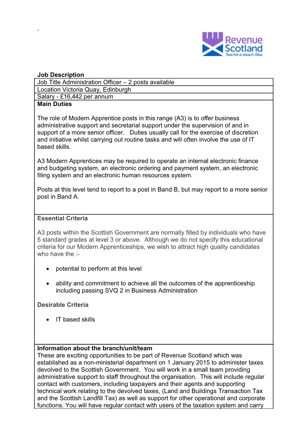Modern Apprenticeship Programme Grade A3 (Administrative Officer)