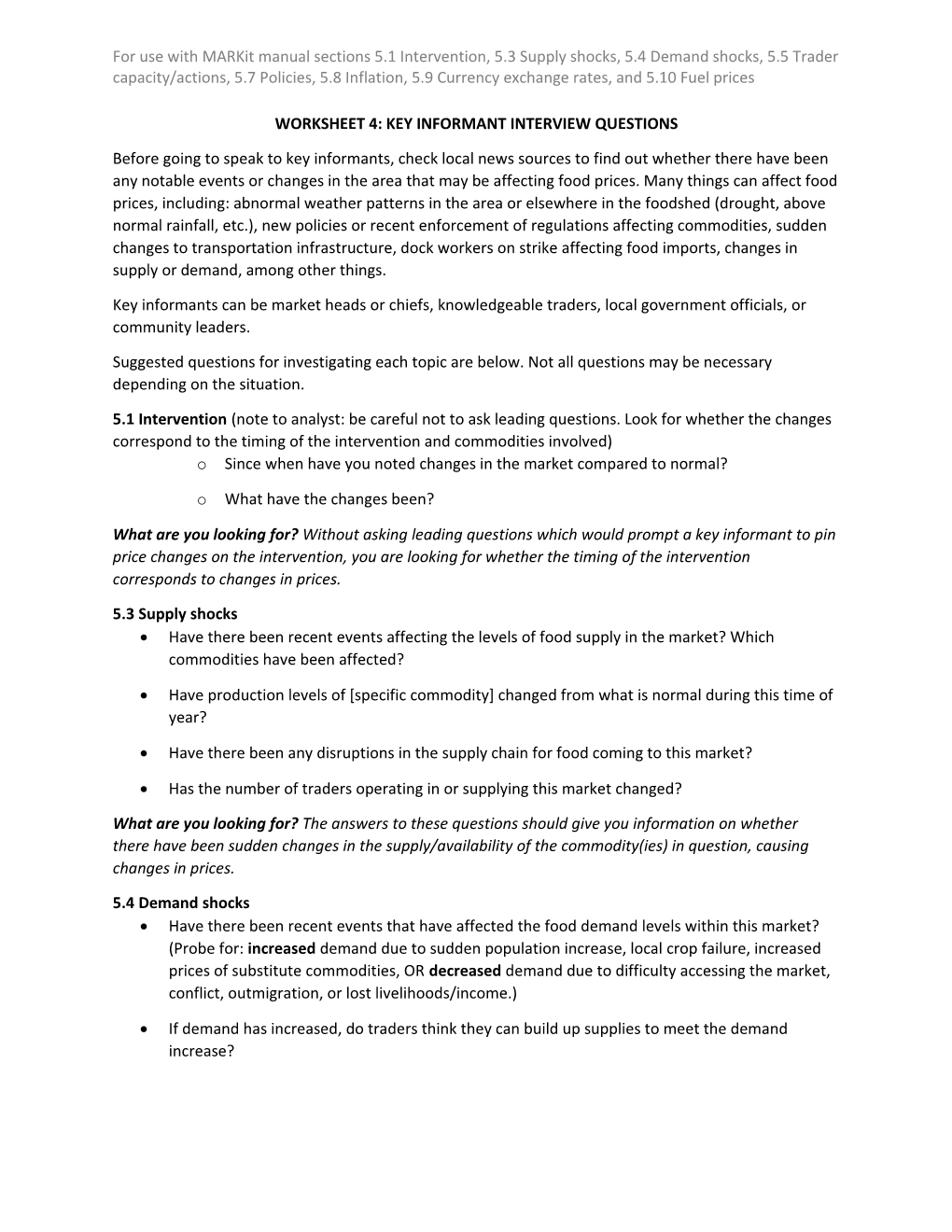 Worksheet 4: Key Informant Interview Questions