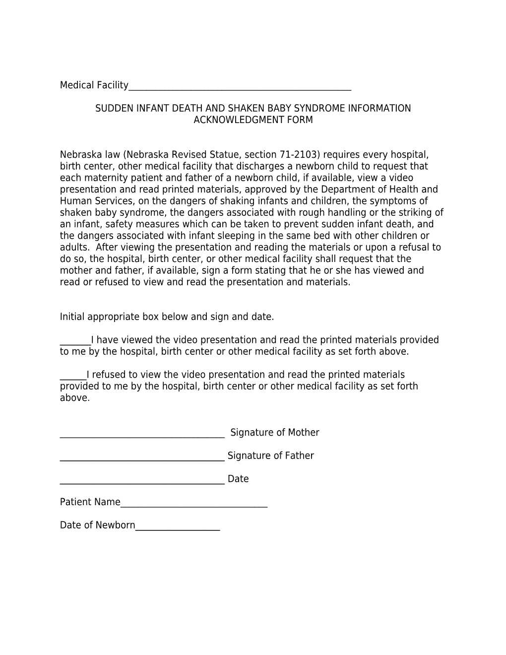 Sudden Infant Death and Shaken Baby Syndrome Information Acknowledgment Form