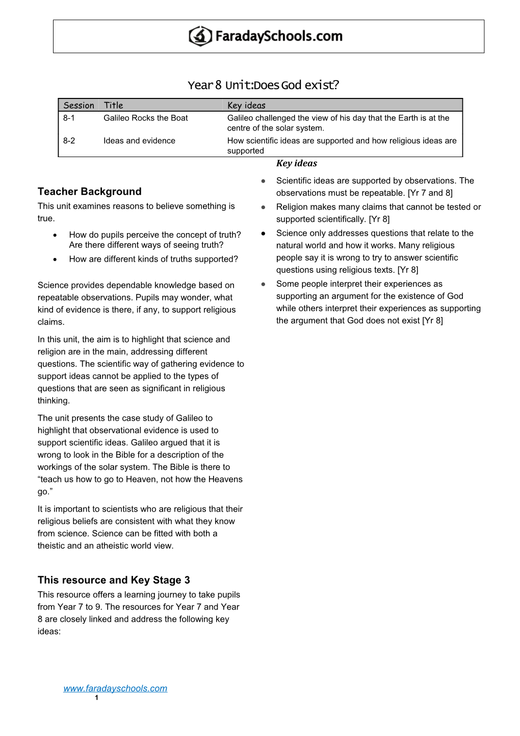Year 8Unit: Does God Exist?