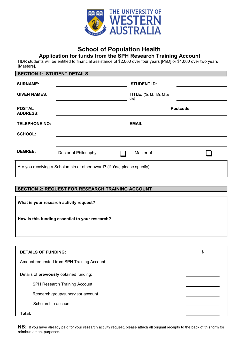 Application for Funds from the SPH Research Training Account