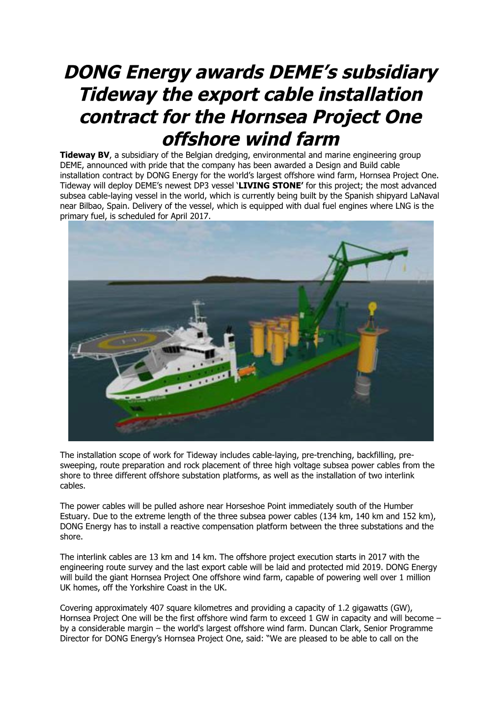 DONG Energy Awards DEME S Subsidiary Tideway the Export Cable Installation Contract For