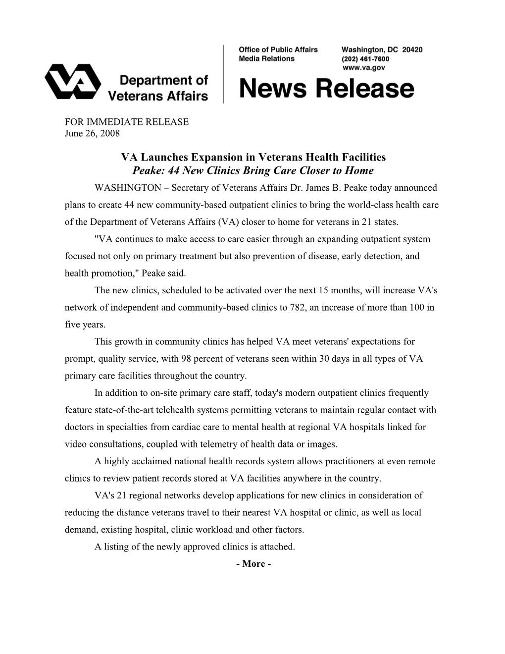 VA Launches Expansion in Veterans Health Facilities